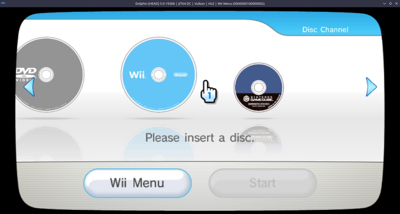 A screenshot of the Disc Channel in Dolphin with the DVD icon shown, now with the missing shadow and reflection.