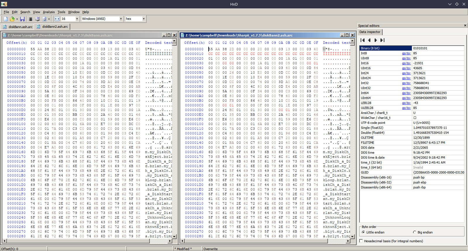 A screenshot of HxD revealing a 6 byte difference between the files.